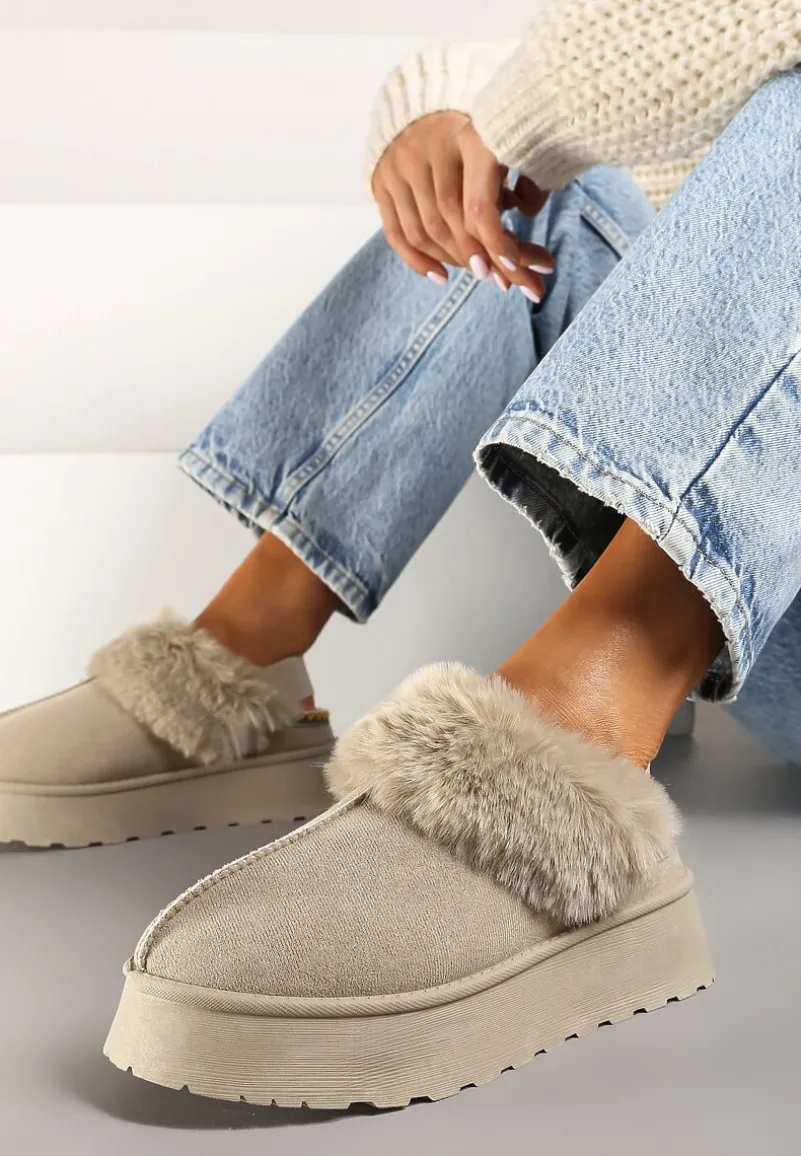 Beżowo-Zielone Śniegowce na Platformie Ozdobione Futerkiem i Paskiem na Pięcie Inarine