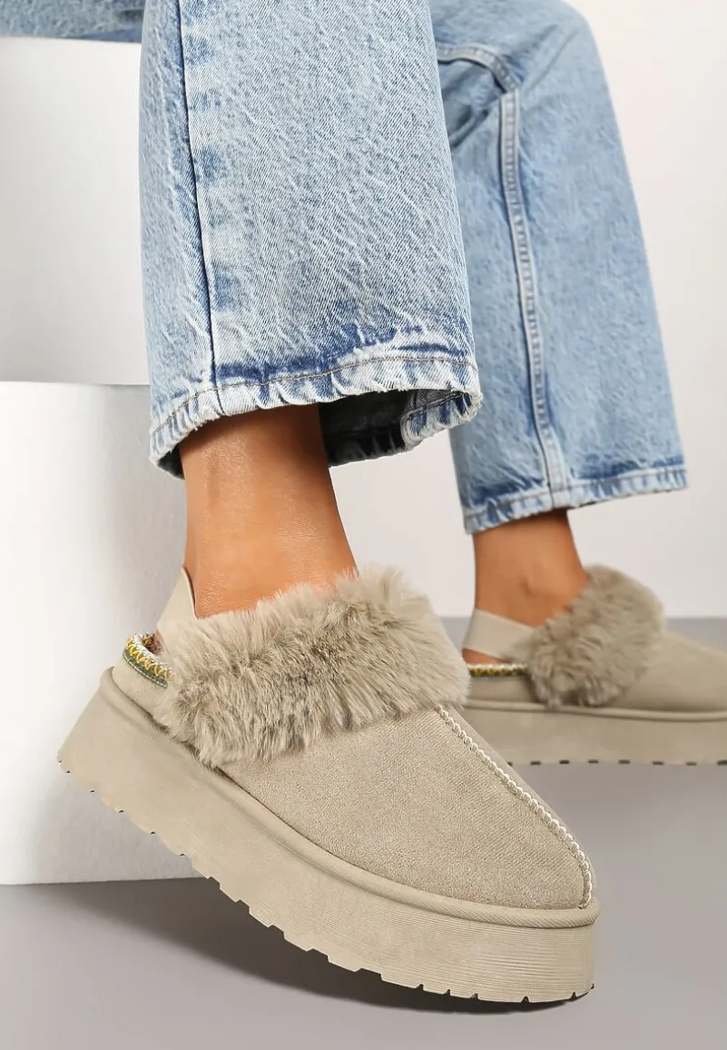 Beżowo-Zielone Śniegowce na Platformie Ozdobione Futerkiem i Paskiem na Pięcie Inarine