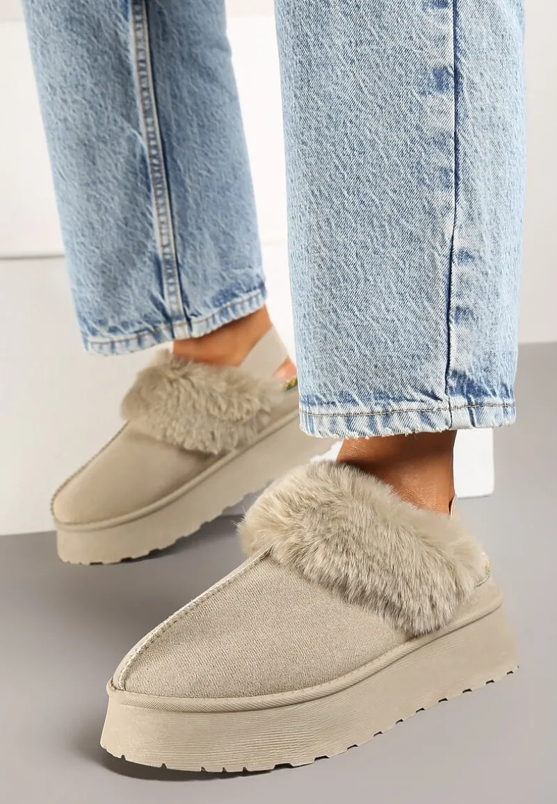 Beżowo-Zielone Śniegowce na Platformie Ozdobione Futerkiem i Paskiem na Pięcie Inarine