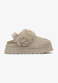 Beżowo-Zielone Śniegowce na Platformie Ozdobione Futerkiem i Paskiem na Pięcie Inarine