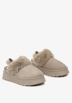 Beżowo-Zielone Śniegowce na Platformie Ozdobione Futerkiem i Paskiem na Pięcie Inarine