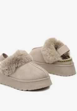 Beżowo-Zielone Śniegowce na Platformie Ozdobione Futerkiem i Paskiem na Pięcie Inarine