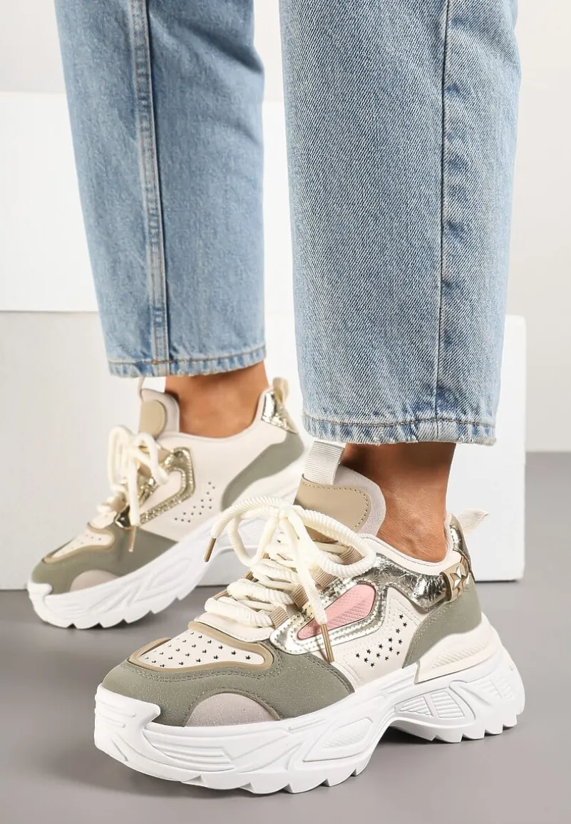 Beżowo-Zielone Sneakersy Streetwearowe na Grubej Podeszwie Waniffia