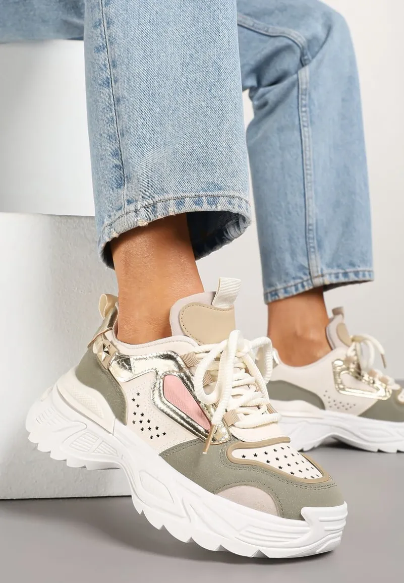 Beżowo-Zielone Sneakersy Streetwearowe na Grubej Podeszwie Waniffia