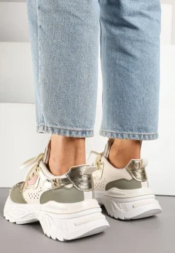 Beżowo-Zielone Sneakersy Streetwearowe na Grubej Podeszwie Waniffia