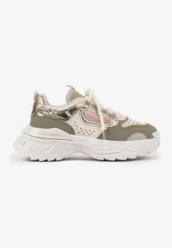 Beżowo-Zielone Sneakersy Streetwearowe na Grubej Podeszwie Waniffia