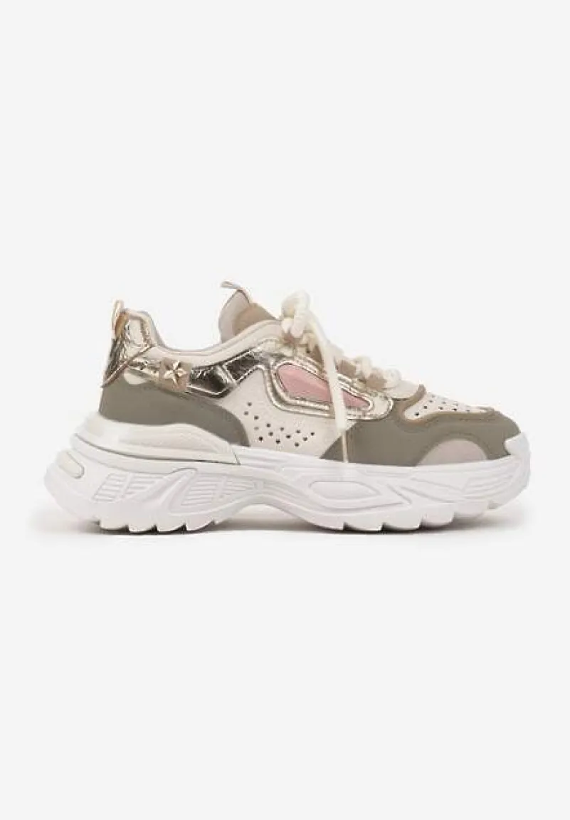 Beżowo-Zielone Sneakersy Streetwearowe na Grubej Podeszwie Waniffia