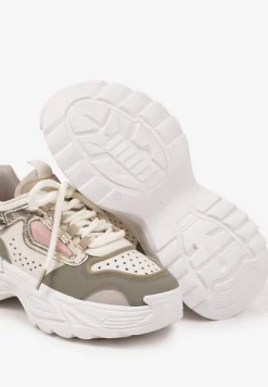 Beżowo-Zielone Sneakersy Streetwearowe na Grubej Podeszwie Waniffia