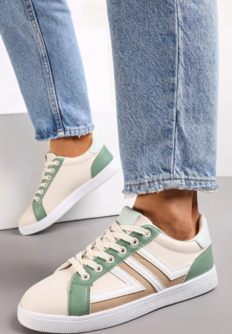 Beżowo-Zielone Sneakersy z Wstawkami Lerlet