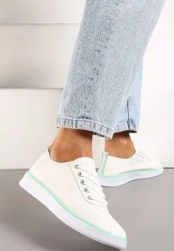 Beżowo-Zielone Sznurowane Tenisówki z Ozdobną Taśmą na Tyle i Perforacją Kavinna