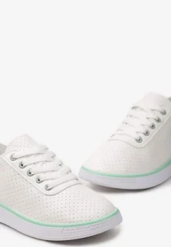 Beżowo-Zielone Sznurowane Tenisówki z Ozdobną Taśmą na Tyle i Perforacją Kavinna