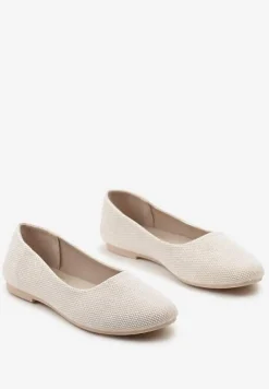 Beżowo-Złote Klasyczne Balerinki Materiałowe z Okrągłym Noskiem Sililena