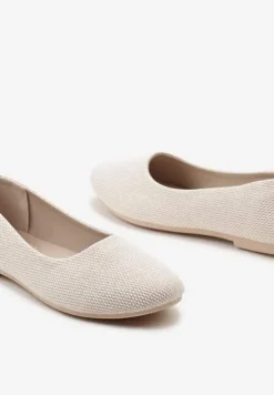Beżowo-Złote Klasyczne Balerinki Materiałowe z Okrągłym Noskiem Sililena