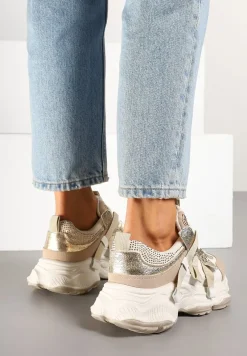 Beżowo-Złote Streetwearowe Sneakersy z Cyrkoniami na Tłoczonej Podeszwie Avelivia