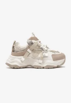 Beżowo-Złote Streetwearowe Sneakersy z Cyrkoniami na Tłoczonej Podeszwie Avelivia