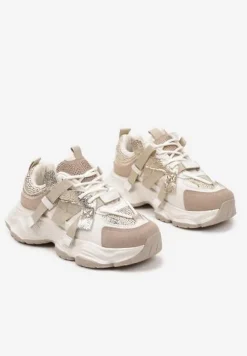 Beżowo-Złote Streetwearowe Sneakersy z Cyrkoniami na Tłoczonej Podeszwie Avelivia