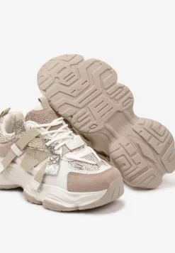 Beżowo-Złote Streetwearowe Sneakersy z Cyrkoniami na Tłoczonej Podeszwie Avelivia