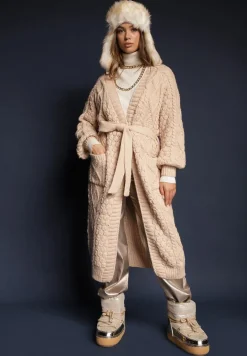 Beżowy Kardigan z Wiskozą i Wełną o Tłoczonym Splocie z Wiązanym Paskiem i Kieszeniami Vailnes