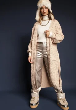 Beżowy Kardigan z Wiskozą i Wełną o Tłoczonym Splocie z Wiązanym Paskiem i Kieszeniami Vailnes