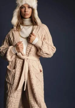 Beżowy Kardigan z Wiskozą i Wełną o Tłoczonym Splocie z Wiązanym Paskiem i Kieszeniami Vailnes