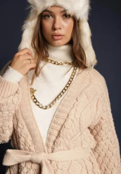 Beżowy Kardigan z Wiskozą i Wełną o Tłoczonym Splocie z Wiązanym Paskiem i Kieszeniami Vailnes