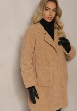 Beżowy Płaszcz z Futerkiem na Napy z Kieszeniami Porttiana