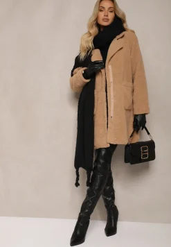 Beżowy Płaszcz z Futerkiem na Napy z Kieszeniami Porttiana