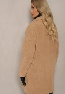 Beżowy Płaszcz z Futerkiem na Napy z Kieszeniami Porttiana