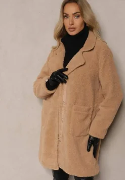 Beżowy Płaszcz z Futerkiem na Napy z Kieszeniami Porttiana
