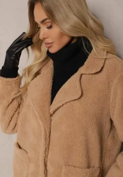 Beżowy Płaszcz z Futerkiem na Napy z Kieszeniami Porttiana