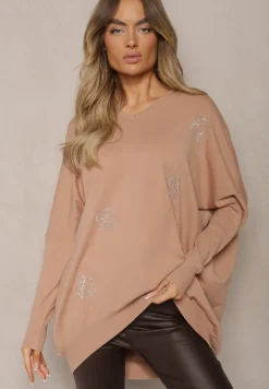 Beżowy Sweter Nietoperz z Dodatkiem Wiskozy w Kwiaty z Cyrkonii Nevelliana