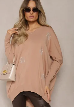 Beżowy Sweter Nietoperz z Dodatkiem Wiskozy w Kwiaty z Cyrkonii Nevelliana