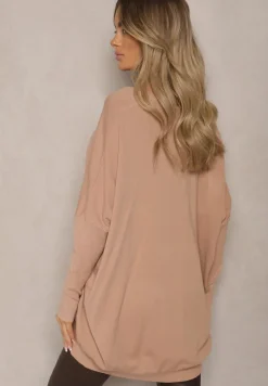 Beżowy Sweter Nietoperz z Dodatkiem Wiskozy w Kwiaty z Cyrkonii Nevelliana