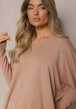 Beżowy Sweter Nietoperz z Dodatkiem Wiskozy w Kwiaty z Cyrkonii Nevelliana