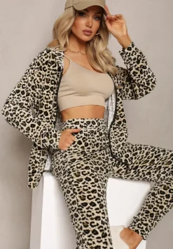 Beżowy Welurowy Komplet Dresowy 2-Częściowy Bluza z Kapturem i Spodnie Dopasowane z Kieszeniami Kardasa