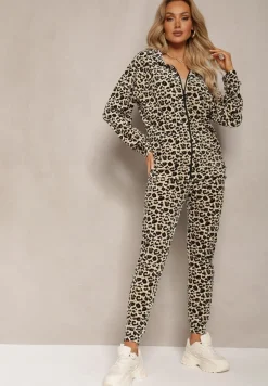 Beżowy Welurowy Komplet Dresowy 2-Częściowy Bluza z Kapturem i Spodnie Dopasowane z Kieszeniami Kardasa