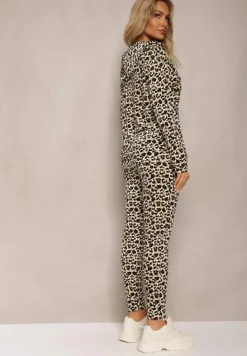 Beżowy Welurowy Komplet Dresowy 2-Częściowy Bluza z Kapturem i Spodnie Dopasowane z Kieszeniami Kardasa