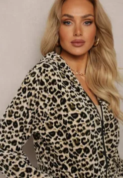 Beżowy Welurowy Komplet Dresowy 2-Częściowy Bluza z Kapturem i Spodnie Dopasowane z Kieszeniami Kardasa