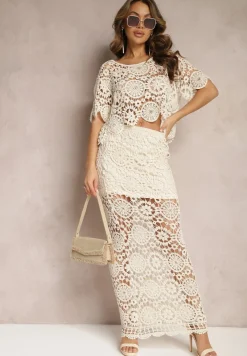Beżowy Bawełniany Komplet Boho z Ażurowymi Wycięciami Spódnica Maxi i Bluzka Belrina