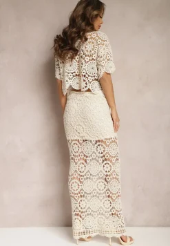 Beżowy Bawełniany Komplet Boho z Ażurowymi Wycięciami Spódnica Maxi i Bluzka Belrina