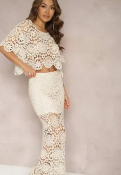 Beżowy Bawełniany Komplet Boho z Ażurowymi Wycięciami Spódnica Maxi i Bluzka Belrina