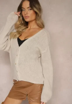 Beżowy Casualowy Kardigan z Moherem i Wełną Zapinany na Guziki Heslina