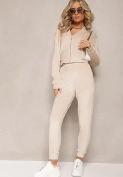 Beżowy Dresowy Komplet z Weluru Spodnie i Bluza z Kapturem na Suwak Styrena