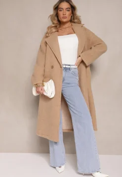 Beżowy Długi Płaszcz Jednorzędowy o Kroju Oversize Vlekoma