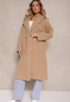 Beżowy Długi Płaszcz Jednorzędowy o Kroju Oversize Vlekoma