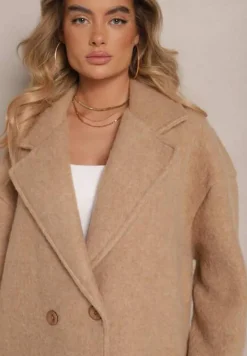 Beżowy Długi Płaszcz Jednorzędowy o Kroju Oversize Vlekoma
