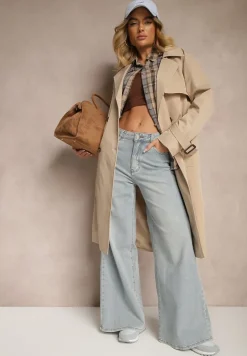 Beżowy Dwurzędowy Płaszcz Trencz z Paskiem Ninnolia