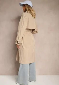 Beżowy Dwurzędowy Płaszcz Trencz z Paskiem Ninnolia