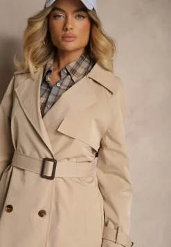 Beżowy Dwurzędowy Płaszcz Trencz z Paskiem Ninnolia