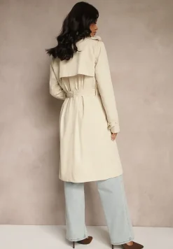 Beżowy Dwurzędowy Płaszcz Trencz z Paskiem i Elegancką Klapą Fireti